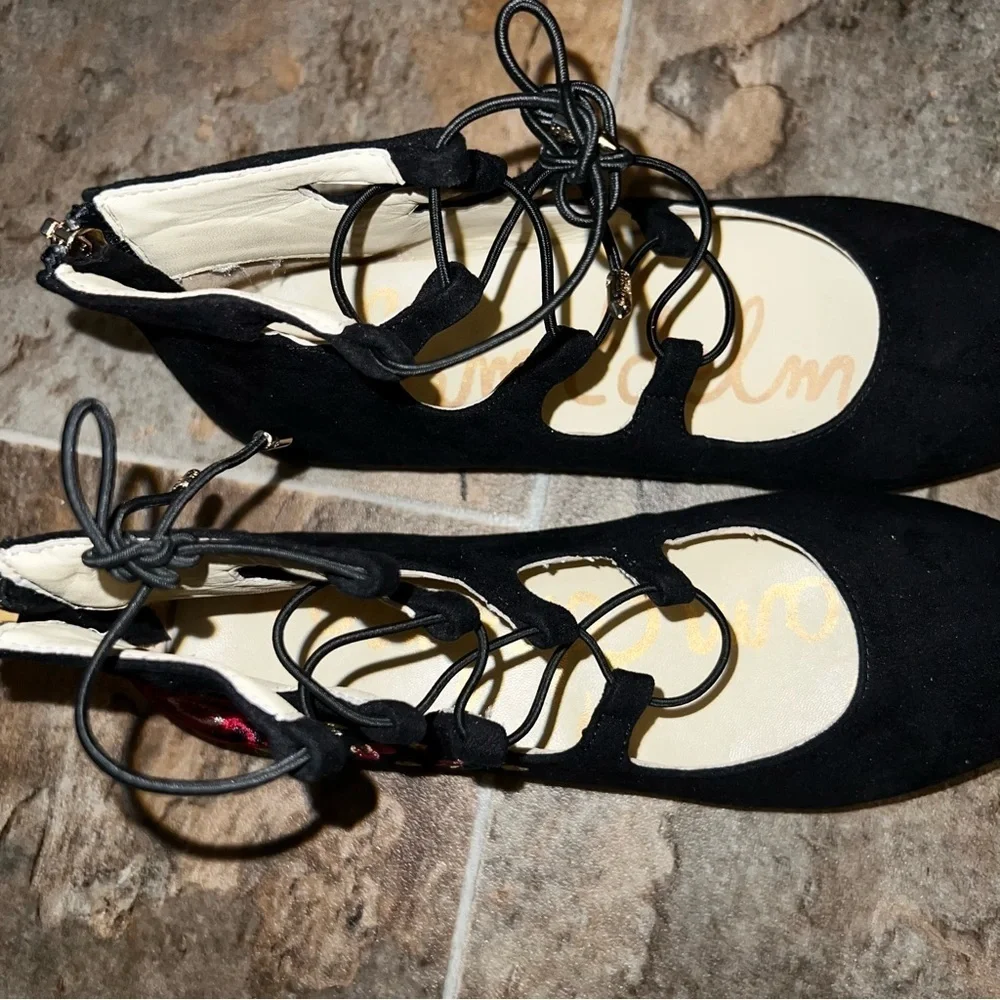 Sam Edelman Felicia Stella Embroidered Floral Black Lace Up Flats Size 5